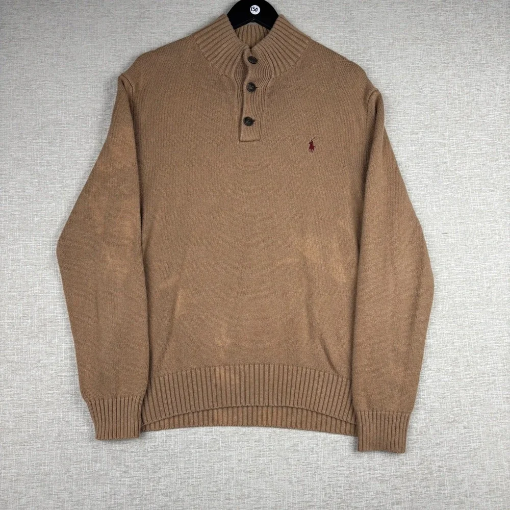 Polo Ralph Lauren Men Tan Brown Button Mock Neck Pony Logo Knit Sweater Large
